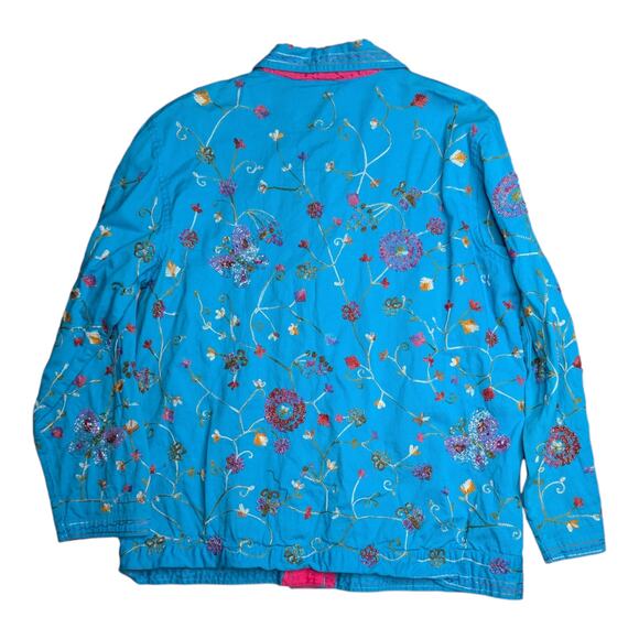 Vtg Y2K Quacker Factory Blue Floral Butterfly Embroidered Beaded Cotton Jacket S - Picture 2 of 5